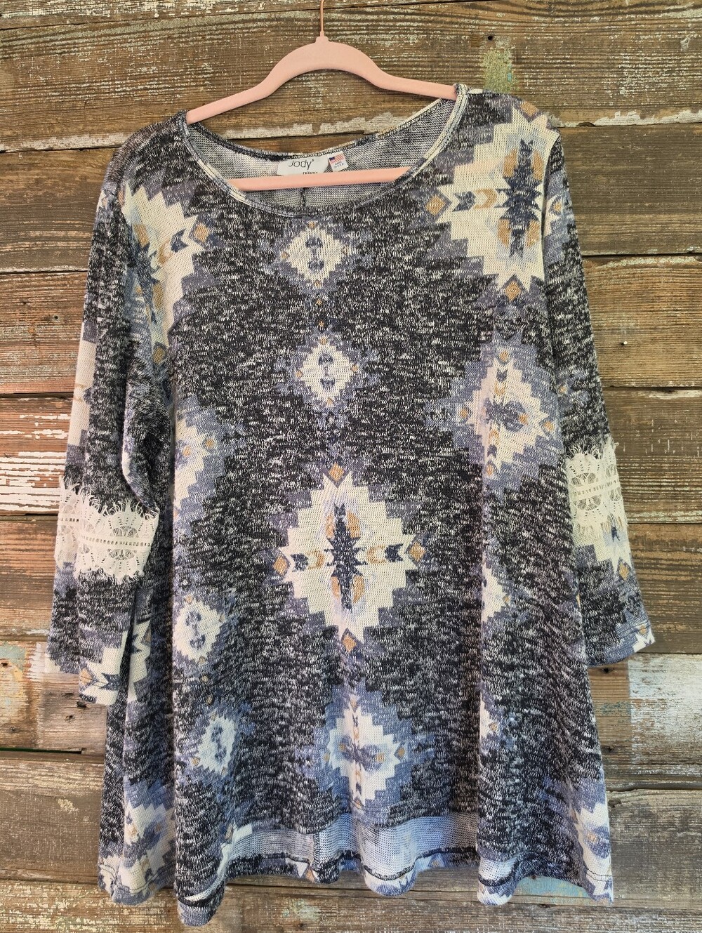 Jody California Western Boho Aztec Lace Sleeve Tunic Top High Low Made in USA - Picture 2 of 5